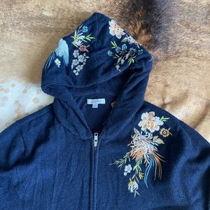 JOHNNY WAS zip up hooded sweater with embroidery
